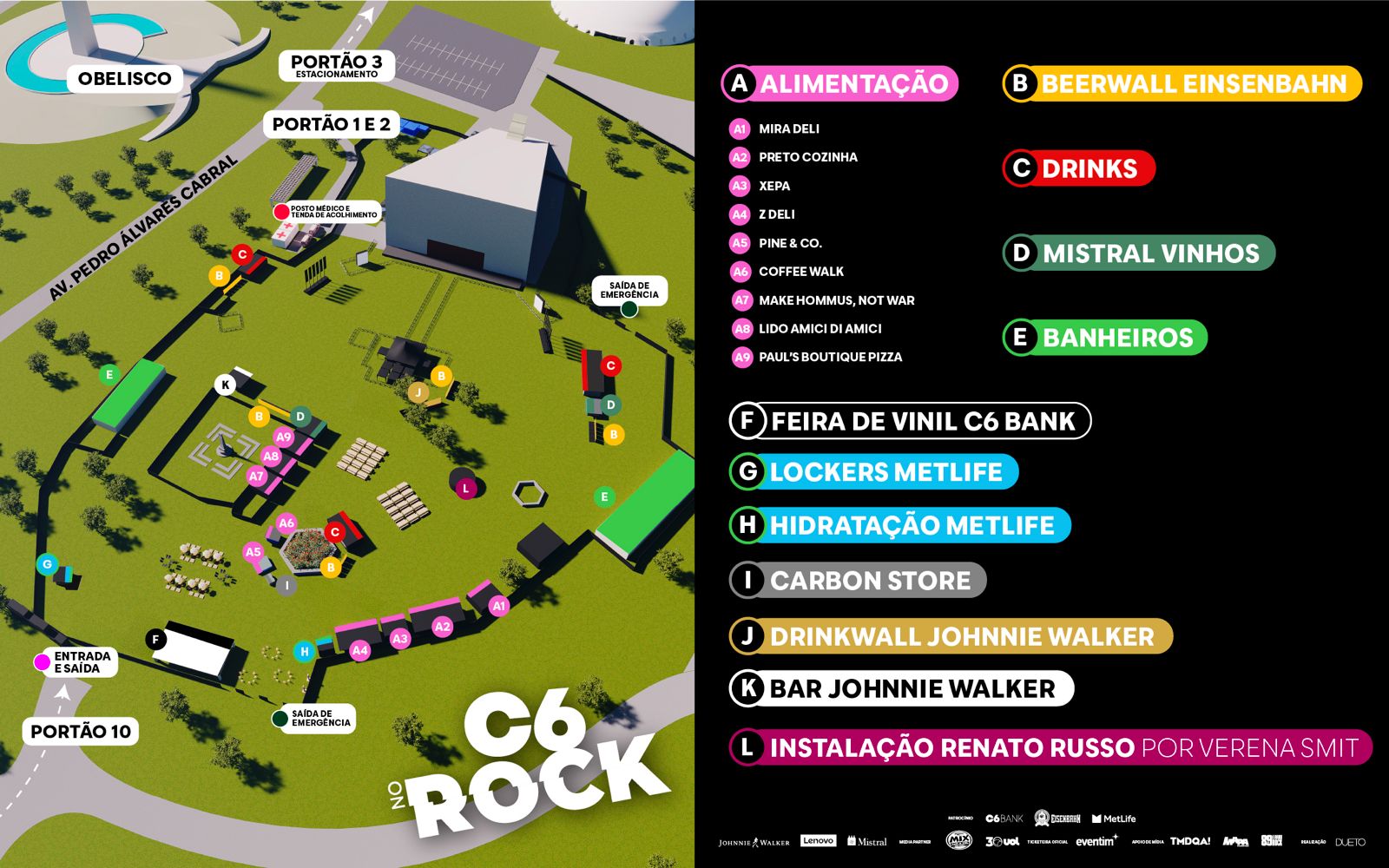 Ilustração do mapa do festival C6 no Rock 2026
