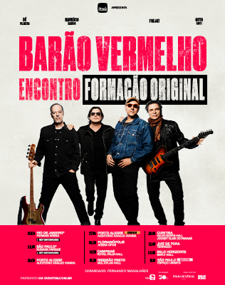 foto da banda Barão Vermelho em fundo branco com rodapé vermelho exibindo os dizeres barão vermelho encontro formação original